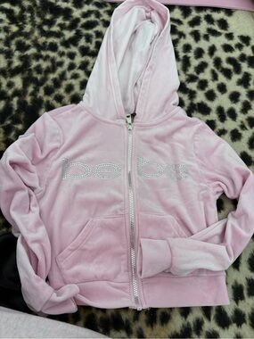 bebe Light Pink Velour Zip Hoodie with Rhinestone Logo
